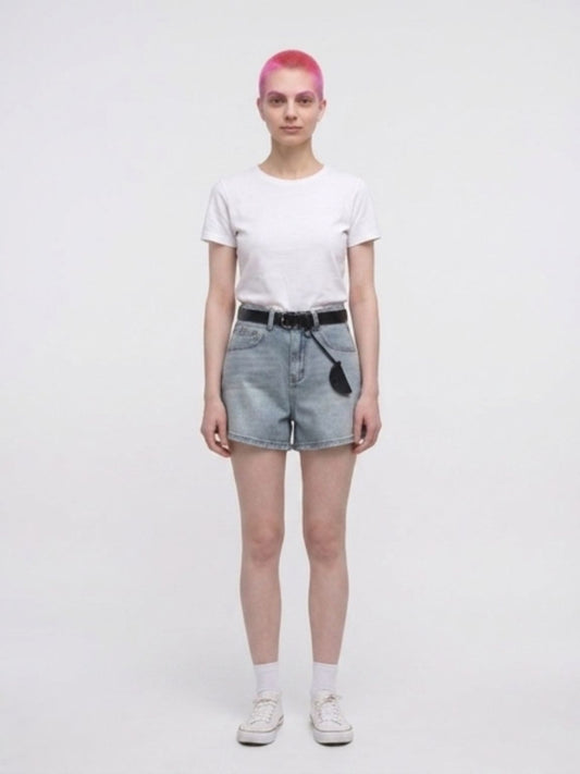 Jeans short con cintura ecopelle